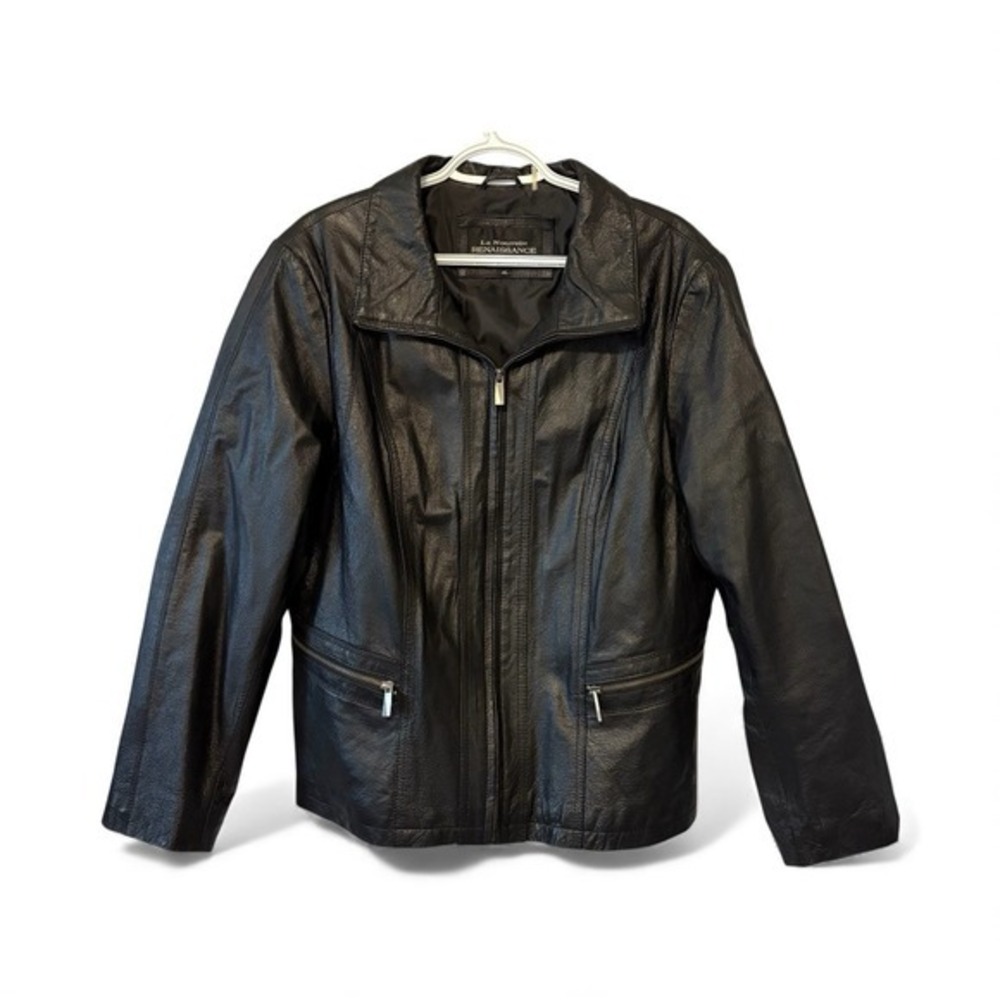La Nouvelle Renaissance Black Genuine Leather Jacket Womens XL Zip Front Pockets